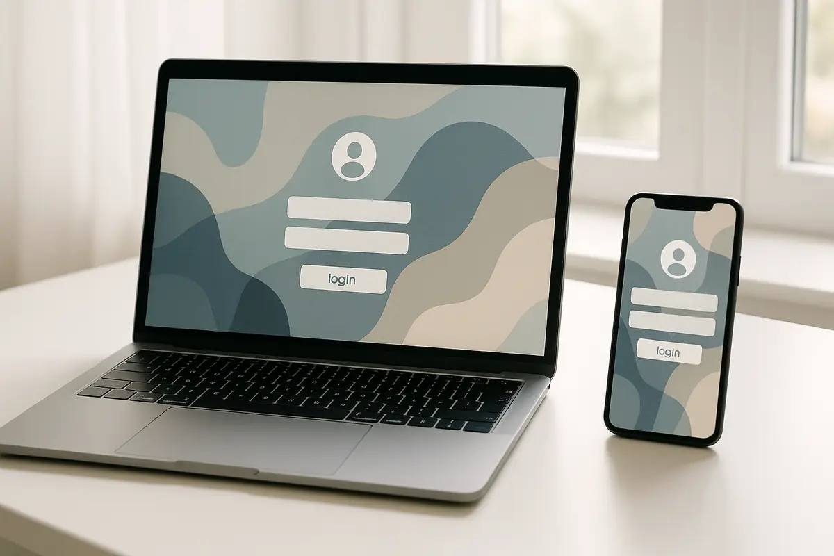 Laptop and phone on a white desk